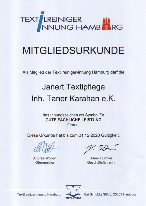 Janert Textilpflege Taner Karahan e.K. - Zertifikat
