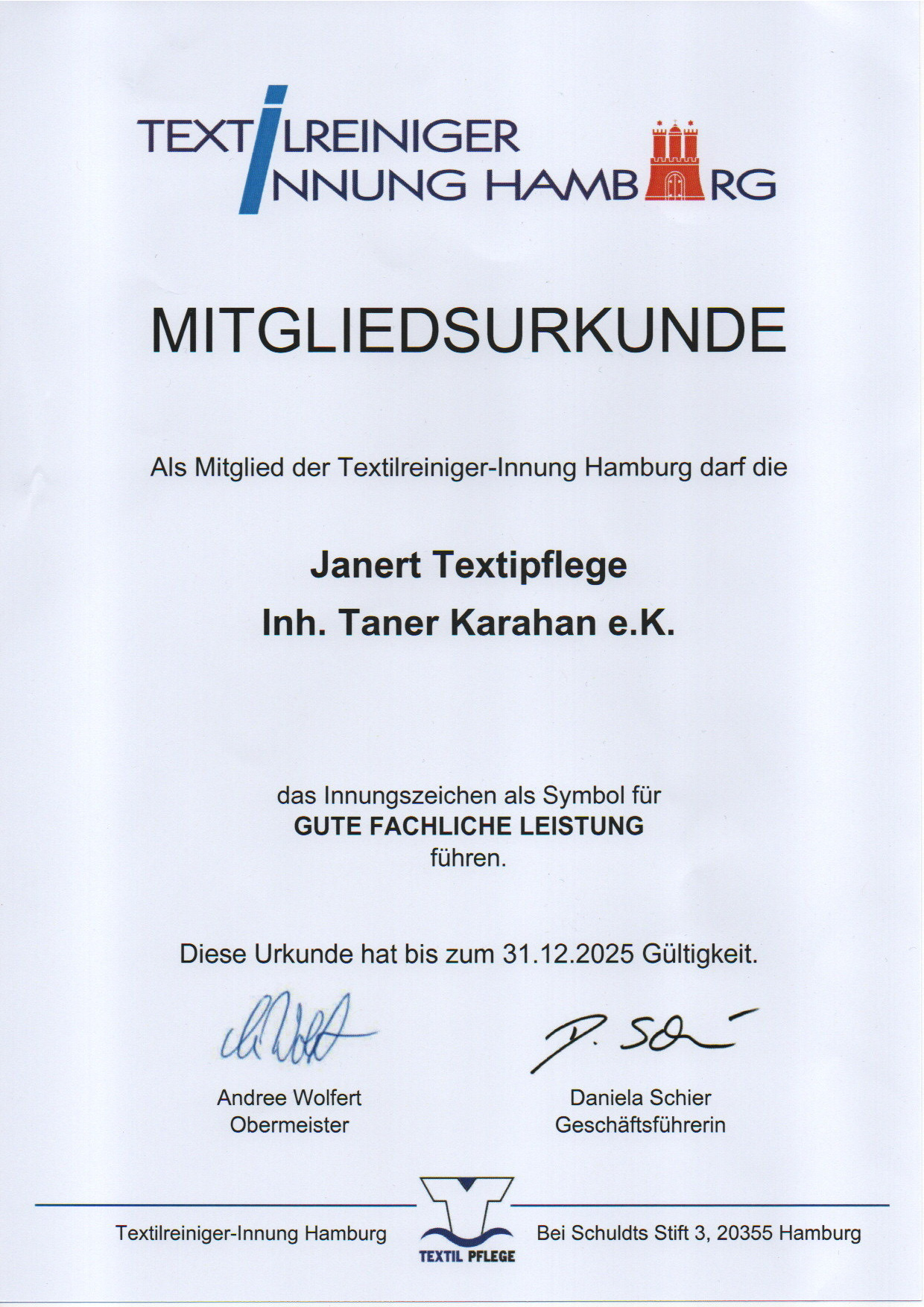 Janert Textilpflege Taner Karahan e.K. - Zertifikat